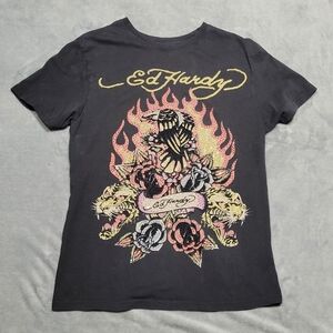 Ed Hardy Mens Black Rhinestone Firebird In Flames Graphic Tshirt Sz Small